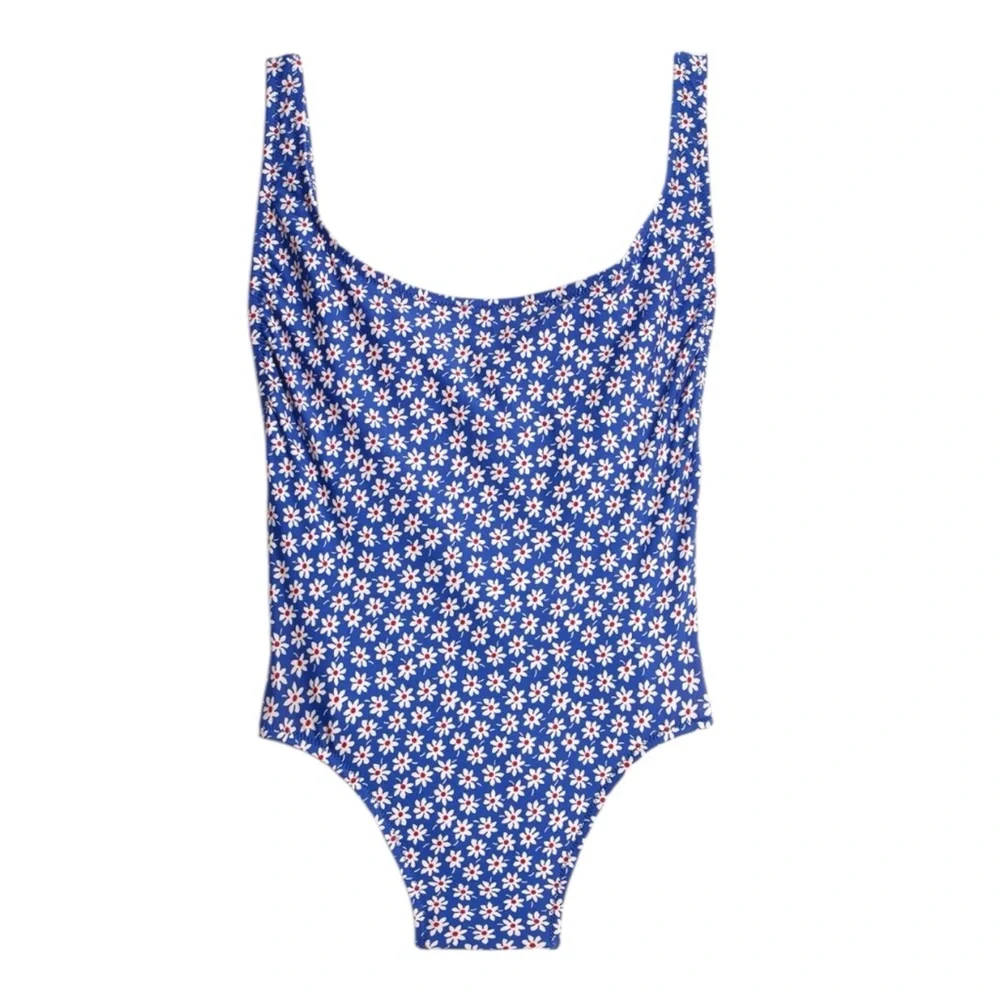 Madewell Plunging Scoopback One Piece Blue Mini Daisy Swimsuit size 4 - Picture 4 of 12
